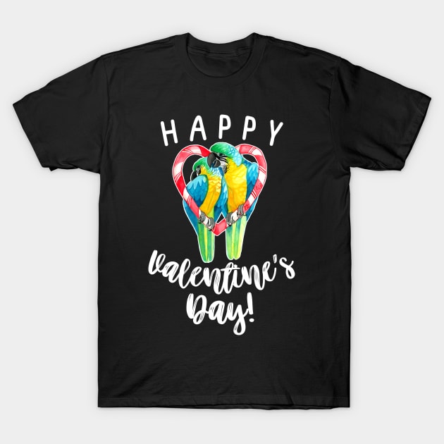 Happy Valentine's Day Blue and Gold Macaw Parrot Couple T-Shirt by IvyLilyArt